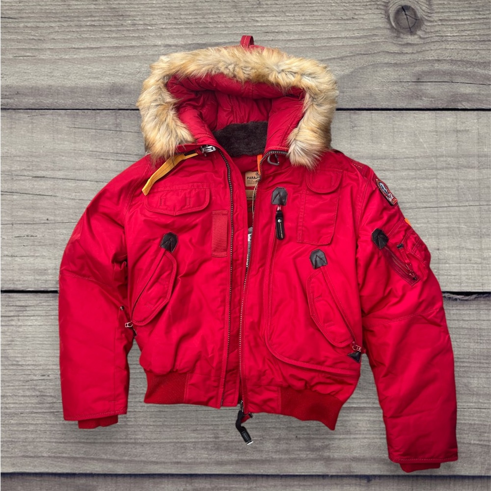 PARAJUMPERS - Bomber Down Jacket GOBI with Fur Hoody and Lining Scarlet Red